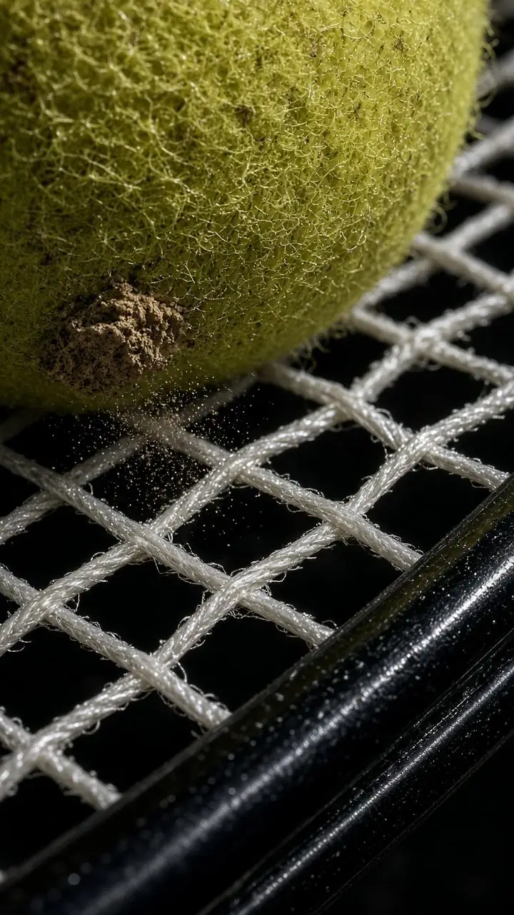 Macro of a tennis ball pressed into white racquet strings